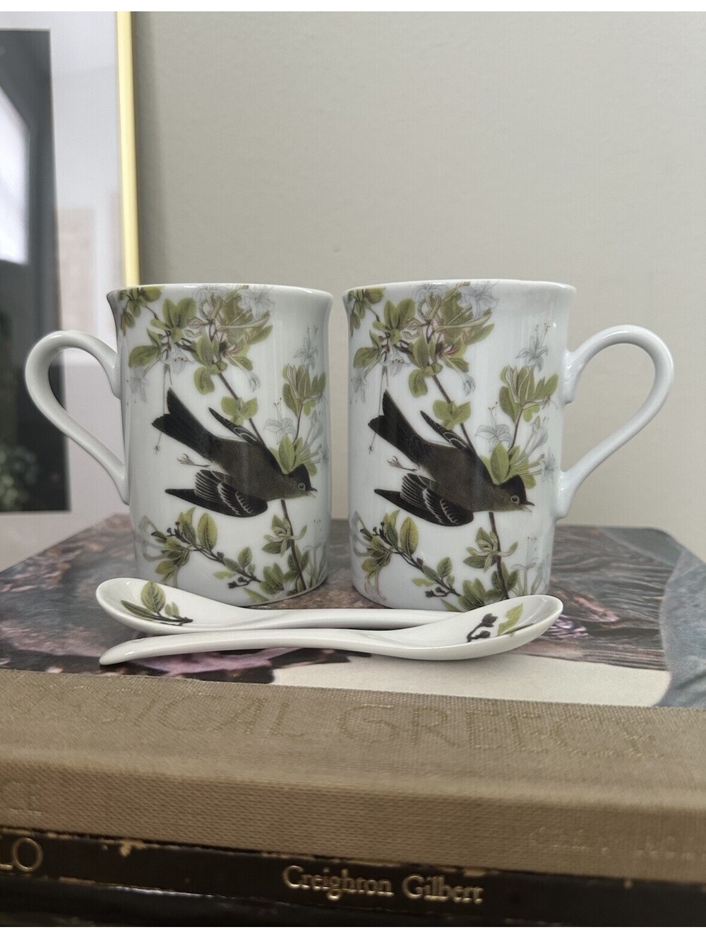 Set Of 2 Audubon Eastern Wood Pewee Porcelain Coffee Or Tea Mugs With Spoons